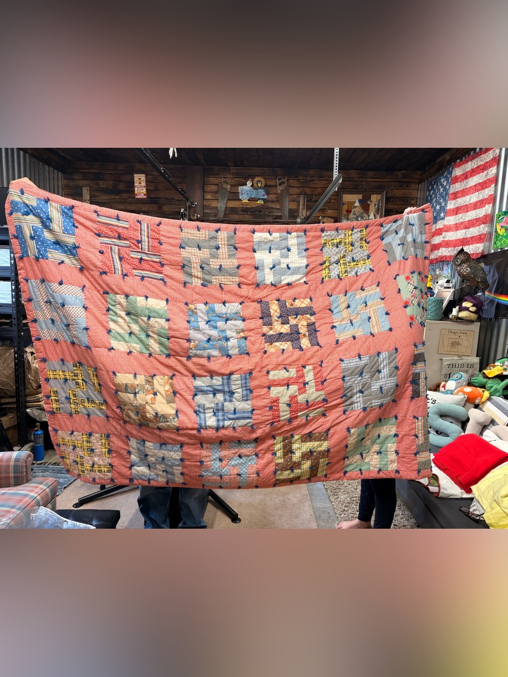 Patchwork Coral Vintage-Inspired Quilt - Coral Multi-Block Design